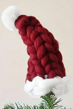 Best Dear-Lover Color Block Pom Pom Decor Chunky Knitted Christmas Hat Red Dahlia