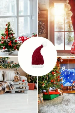 Best Dear-Lover Color Block Pom Pom Decor Chunky Knitted Christmas Hat Red Dahlia