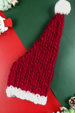 Best Dear-Lover Color Block Pom Pom Decor Chunky Knitted Christmas Hat Red Dahlia