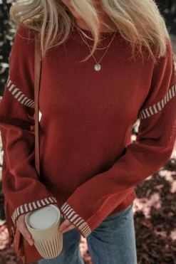 Best Dear-Lover Color Contrast Trim Drop Shoulder Crew Neck Sweater Red Dahlia