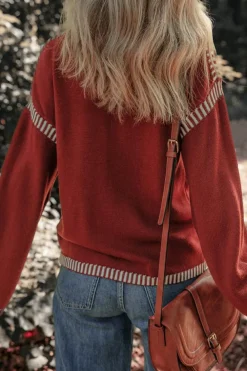 Best Dear-Lover Color Contrast Trim Drop Shoulder Crew Neck Sweater Red Dahlia