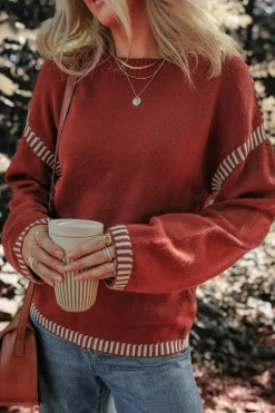 Best Dear-Lover Color Contrast Trim Drop Shoulder Crew Neck Sweater Red Dahlia