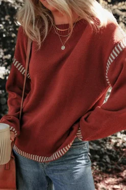 Best Dear-Lover Color Contrast Trim Drop Shoulder Crew Neck Sweater Red Dahlia