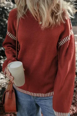 Best Dear-Lover Color Contrast Trim Drop Shoulder Crew Neck Sweater Red Dahlia