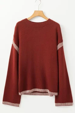 Best Dear-Lover Color Contrast Trim Drop Shoulder Crew Neck Sweater Red Dahlia