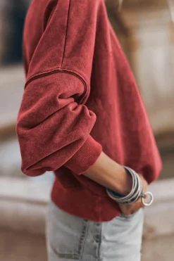 Online Dear-Lover Drop Shoulder Crew Neck Pullover Sweatshirt Red Dahlia