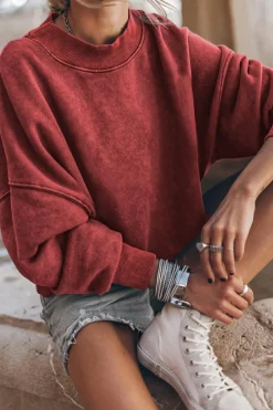 Online Dear-Lover Drop Shoulder Crew Neck Pullover Sweatshirt Red Dahlia