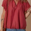 Online Dear-Lover Floral Embroidered Scallop Trim Short Sleeve V Neck Blouse Red Dahlia