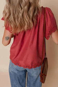 Online Dear-Lover Floral Embroidered Scallop Trim Short Sleeve V Neck Blouse Red Dahlia