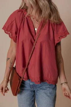 Online Dear-Lover Floral Embroidered Scallop Trim Short Sleeve V Neck Blouse Red Dahlia