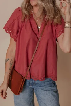 Online Dear-Lover Floral Embroidered Scallop Trim Short Sleeve V Neck Blouse Red Dahlia