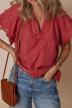 Online Dear-Lover Floral Embroidered Scallop Trim Short Sleeve V Neck Blouse Red Dahlia