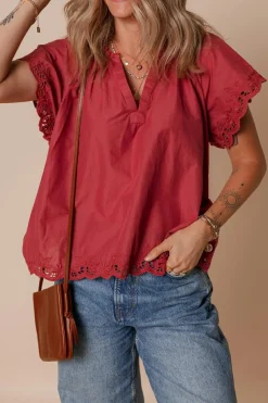 Online Dear-Lover Floral Embroidered Scallop Trim Short Sleeve V Neck Blouse Red Dahlia