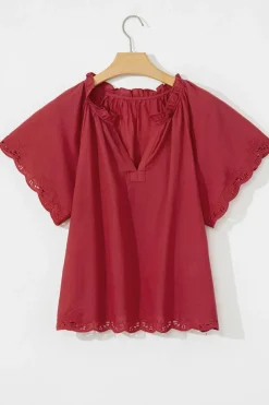 Online Dear-Lover Floral Embroidered Scallop Trim Short Sleeve V Neck Blouse Red Dahlia