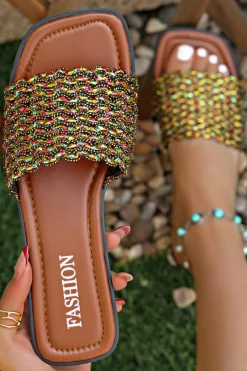 Online Dear-Lover Glitter Braided Square Toe PU Leather Slippers Red Dahlia