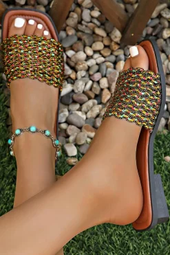 Online Dear-Lover Glitter Braided Square Toe PU Leather Slippers Red Dahlia