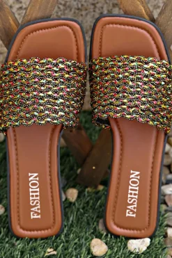 Online Dear-Lover Glitter Braided Square Toe PU Leather Slippers Red Dahlia