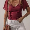 Discount Dear-Lover Mesh Ruffled Sleeve Slim Fit V Neck Top Red Dahlia