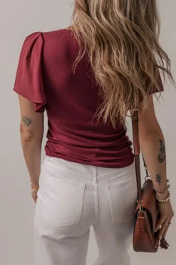 Discount Dear-Lover Mesh Ruffled Sleeve Slim Fit V Neck Top Red Dahlia