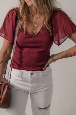 Discount Dear-Lover Mesh Ruffled Sleeve Slim Fit V Neck Top Red Dahlia