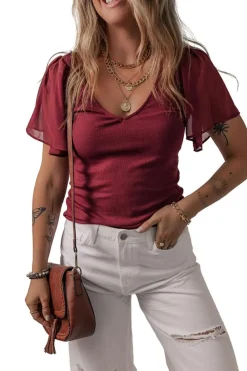 Discount Dear-Lover Mesh Ruffled Sleeve Slim Fit V Neck Top Red Dahlia