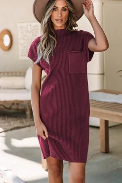 Fashion Dear-Lover Patch Pocket Ribbed Knit Short Sleeve Sweater Dress Red Dahlia