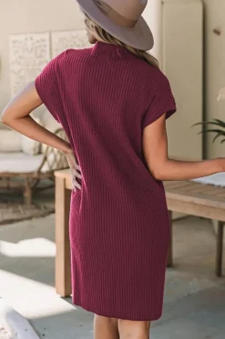 Fashion Dear-Lover Patch Pocket Ribbed Knit Short Sleeve Sweater Dress Red Dahlia