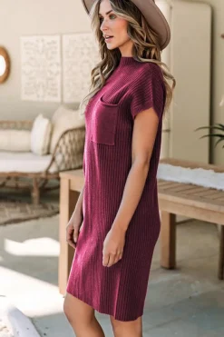 Fashion Dear-Lover Patch Pocket Ribbed Knit Short Sleeve Sweater Dress Red Dahlia
