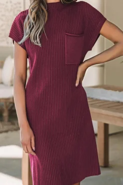 Fashion Dear-Lover Patch Pocket Ribbed Knit Short Sleeve Sweater Dress Red Dahlia