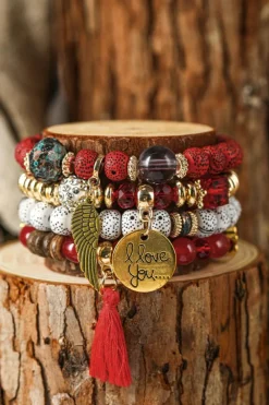 Clearance Dear-Lover 4pcs Boho Disc Tassel Wing Pendant Beaded Bracelet Set Red Dahlia