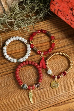 Clearance Dear-Lover 4pcs Boho Disc Tassel Wing Pendant Beaded Bracelet Set Red Dahlia