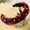 Clearance Dear-Lover Pearl Decor Christmas Plaid Knotted Headband Red Dahlia