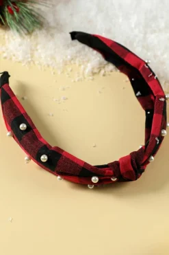Clearance Dear-Lover Pearl Decor Christmas Plaid Knotted Headband Red Dahlia