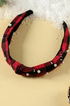 Clearance Dear-Lover Pearl Decor Christmas Plaid Knotted Headband Red Dahlia