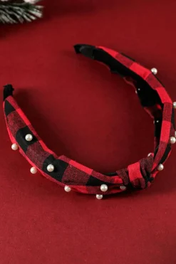 Clearance Dear-Lover Pearl Decor Christmas Plaid Knotted Headband Red Dahlia