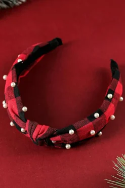 Clearance Dear-Lover Pearl Decor Christmas Plaid Knotted Headband Red Dahlia