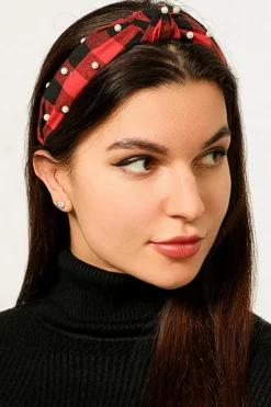 Clearance Dear-Lover Pearl Decor Christmas Plaid Knotted Headband Red Dahlia