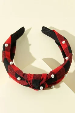 Clearance Dear-Lover Pearl Decor Christmas Plaid Knotted Headband Red Dahlia