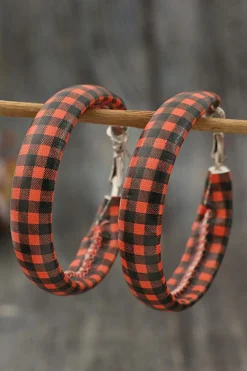 Outlet Dear-Lover Plaid Print PU Leather Hoop Earrings Red Dahlia
