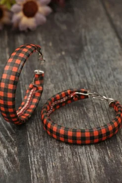 Outlet Dear-Lover Plaid Print PU Leather Hoop Earrings Red Dahlia