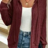 Hot Dear-Lover Ribbed Zip Up Front Drawstring Hoodie Red Dahlia