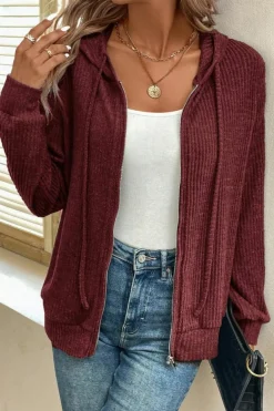 Hot Dear-Lover Ribbed Zip Up Front Drawstring Hoodie Red Dahlia