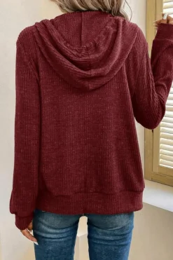 Hot Dear-Lover Ribbed Zip Up Front Drawstring Hoodie Red Dahlia