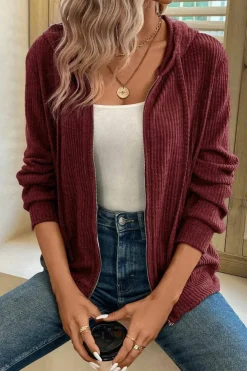 Hot Dear-Lover Ribbed Zip Up Front Drawstring Hoodie Red Dahlia