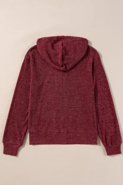 Hot Dear-Lover Ribbed Zip Up Front Drawstring Hoodie Red Dahlia
