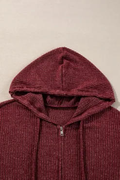 Hot Dear-Lover Ribbed Zip Up Front Drawstring Hoodie Red Dahlia
