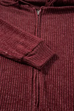 Hot Dear-Lover Ribbed Zip Up Front Drawstring Hoodie Red Dahlia