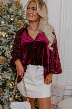 Online Dear-Lover Sequin Patchwork Sleeve Button Up Velvet Top Red Dahlia