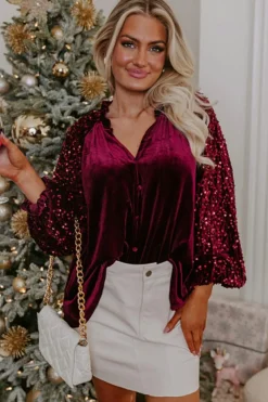 Online Dear-Lover Sequin Patchwork Sleeve Button Up Velvet Top Red Dahlia
