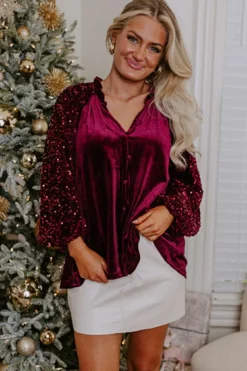 Online Dear-Lover Sequin Patchwork Sleeve Button Up Velvet Top Red Dahlia
